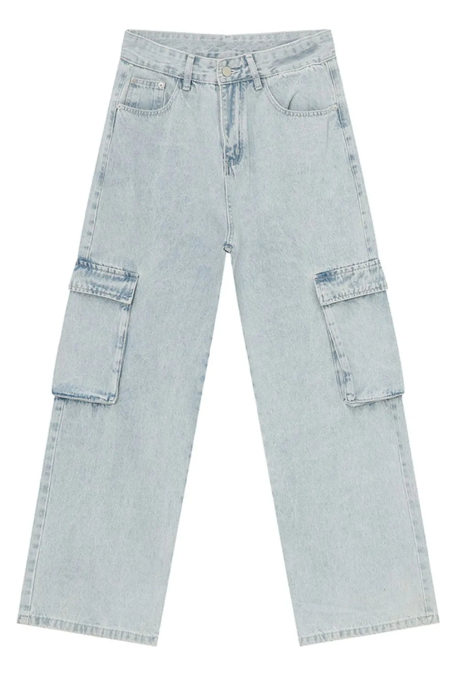 Baggy light wash denim cargo pants with large side pockets.