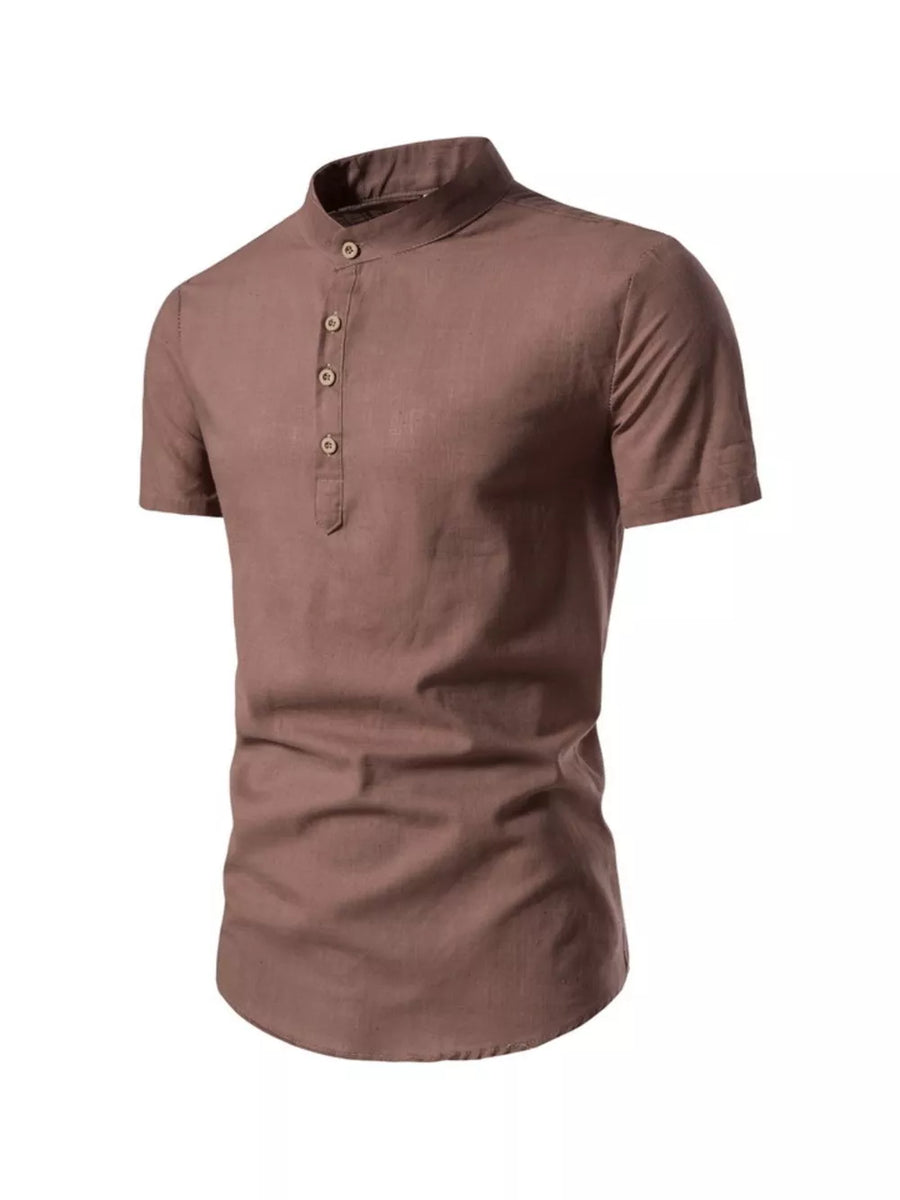 Men's coffee short sleeve cotton shirt with mandarin collar and button placket.
