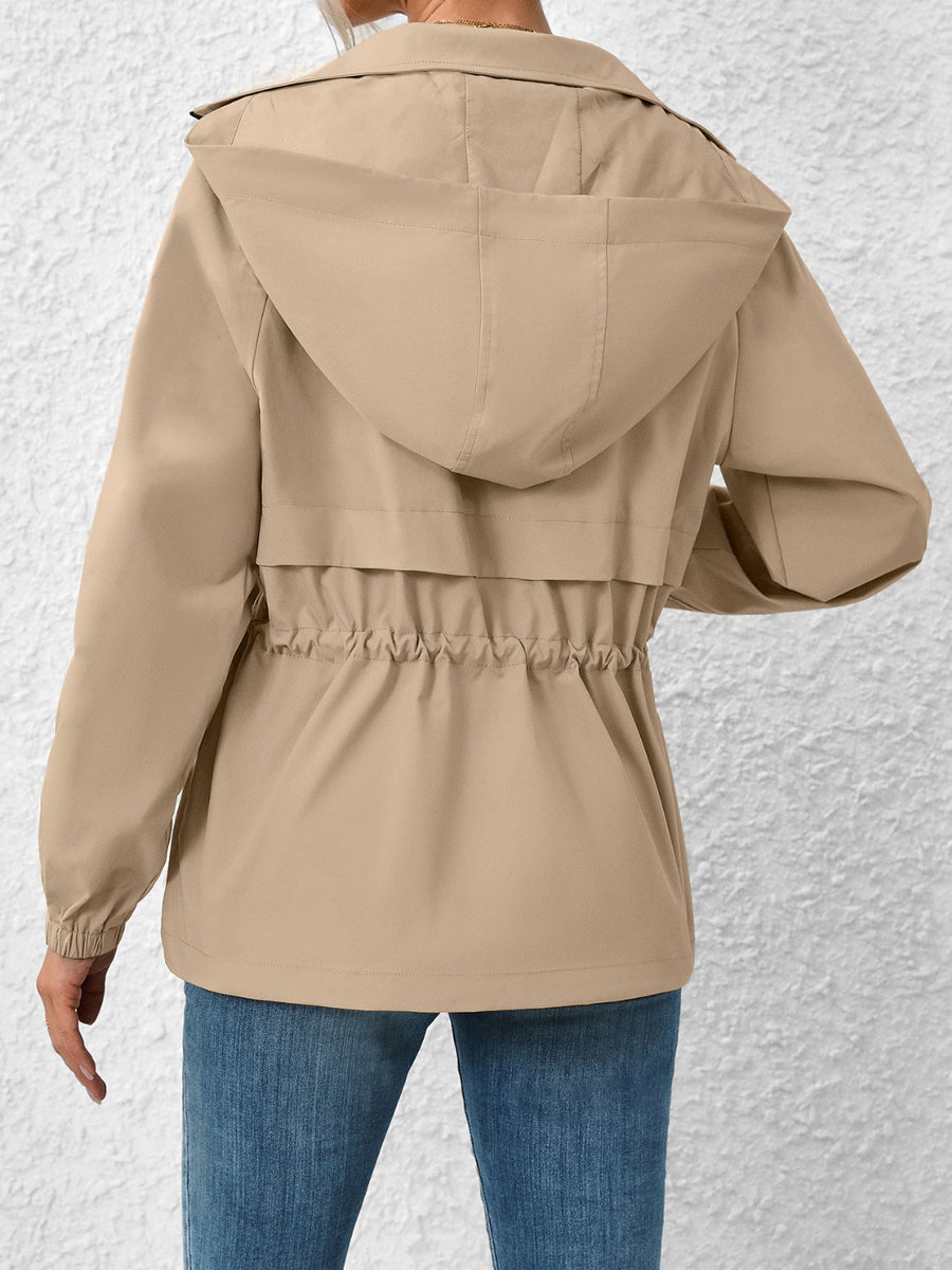 Khaki hooded utility jacket with cinched waist detail