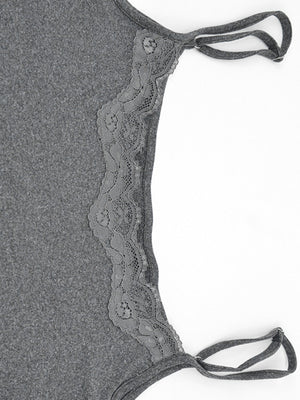 Grey bodycon mini dress with lace trim detail and thin straps