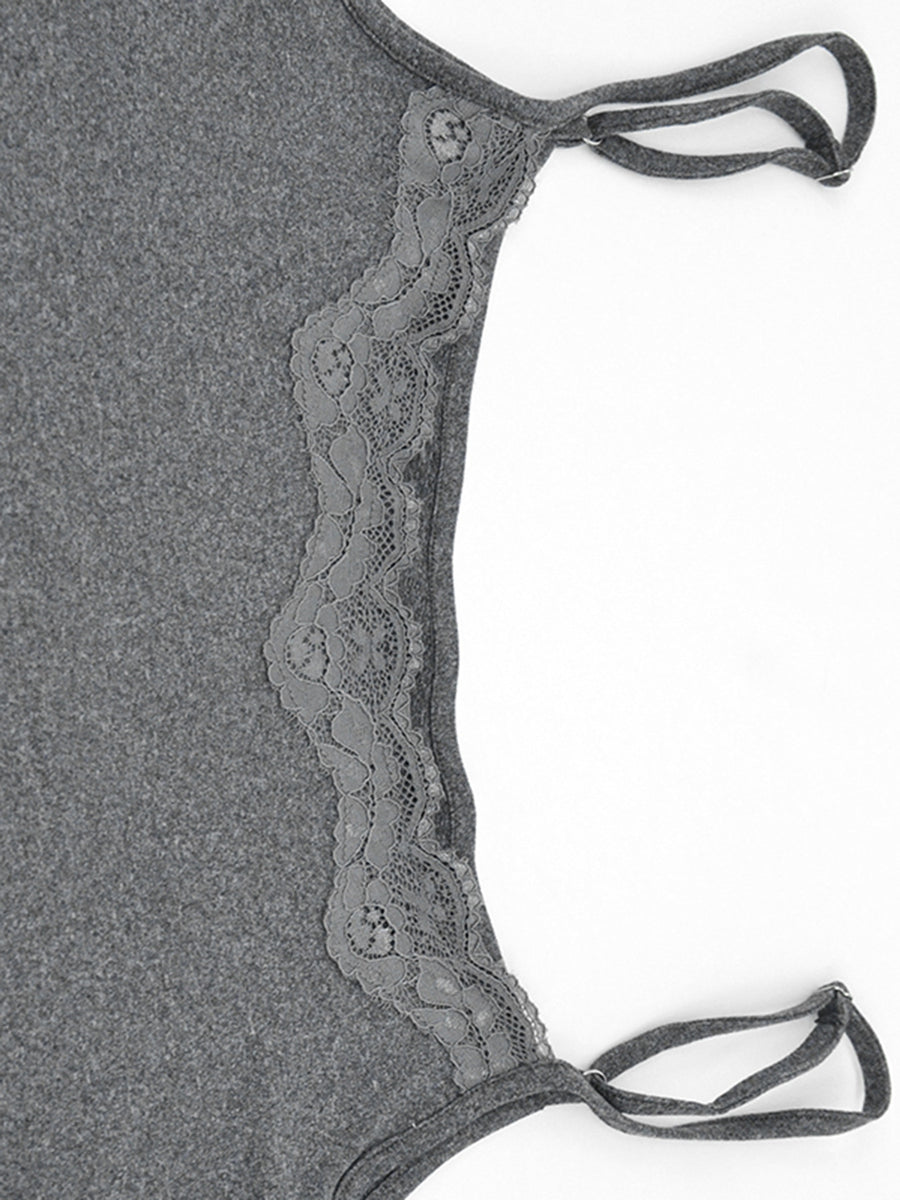 Grey bodycon mini dress with lace trim detail and thin straps