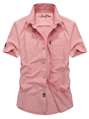 Men's short sleeve dusty pink cotton button-down shirt with chest pocket