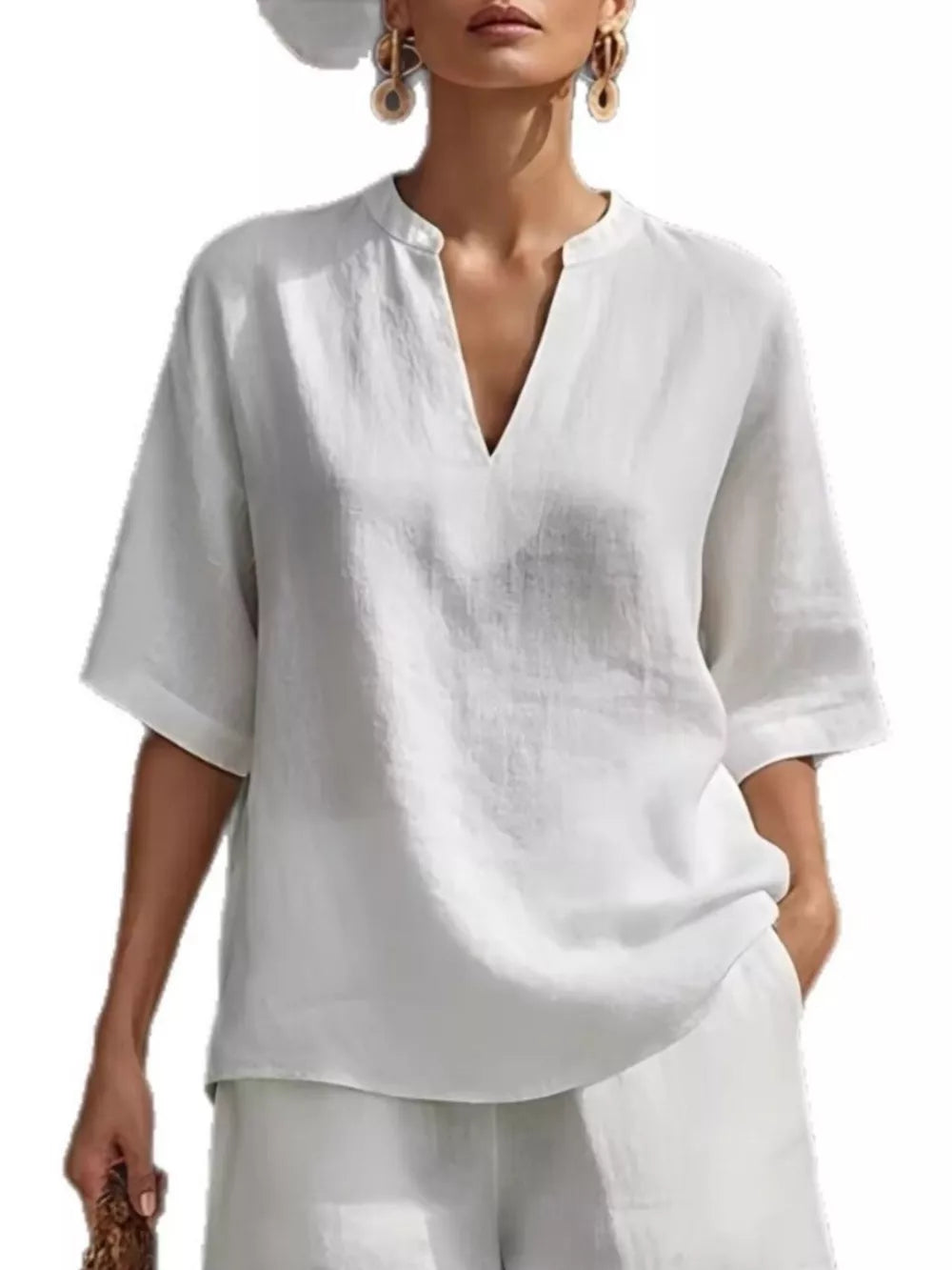 White notched V-neck two-piece set with pockets, casual comfortable women's outfit
