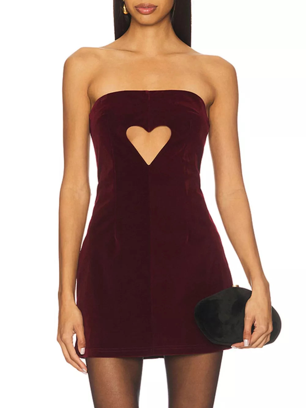 Wine red velvet mini dress with heart cutout and strapless neckline