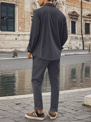 Black with Men's Full Size Button Up Long Sleeve Shirt And Pants Set in Black