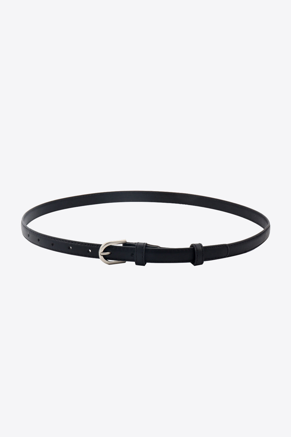 Slimline black leatherette belt with silver buckle and adjustable holes.