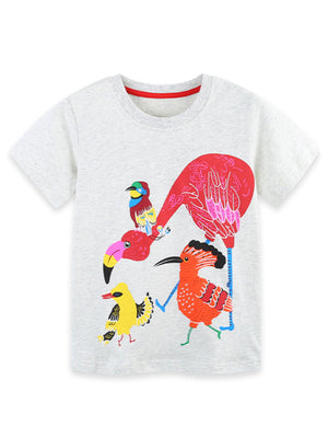 Light grey cotton t-shirt with a vibrant bird print and red neckline trim.
