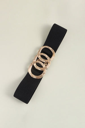 Black elastic belt with triple gold interlocking rings buckle