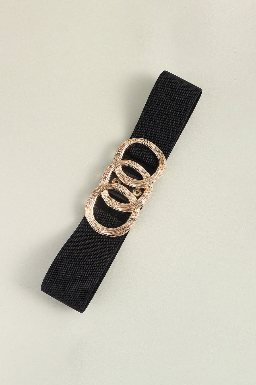 Black elastic belt with triple gold interlocking rings buckle