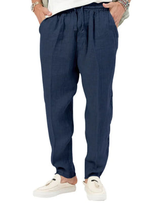 Navy linen drawstring relaxed fit trousers with adjustable waist.
