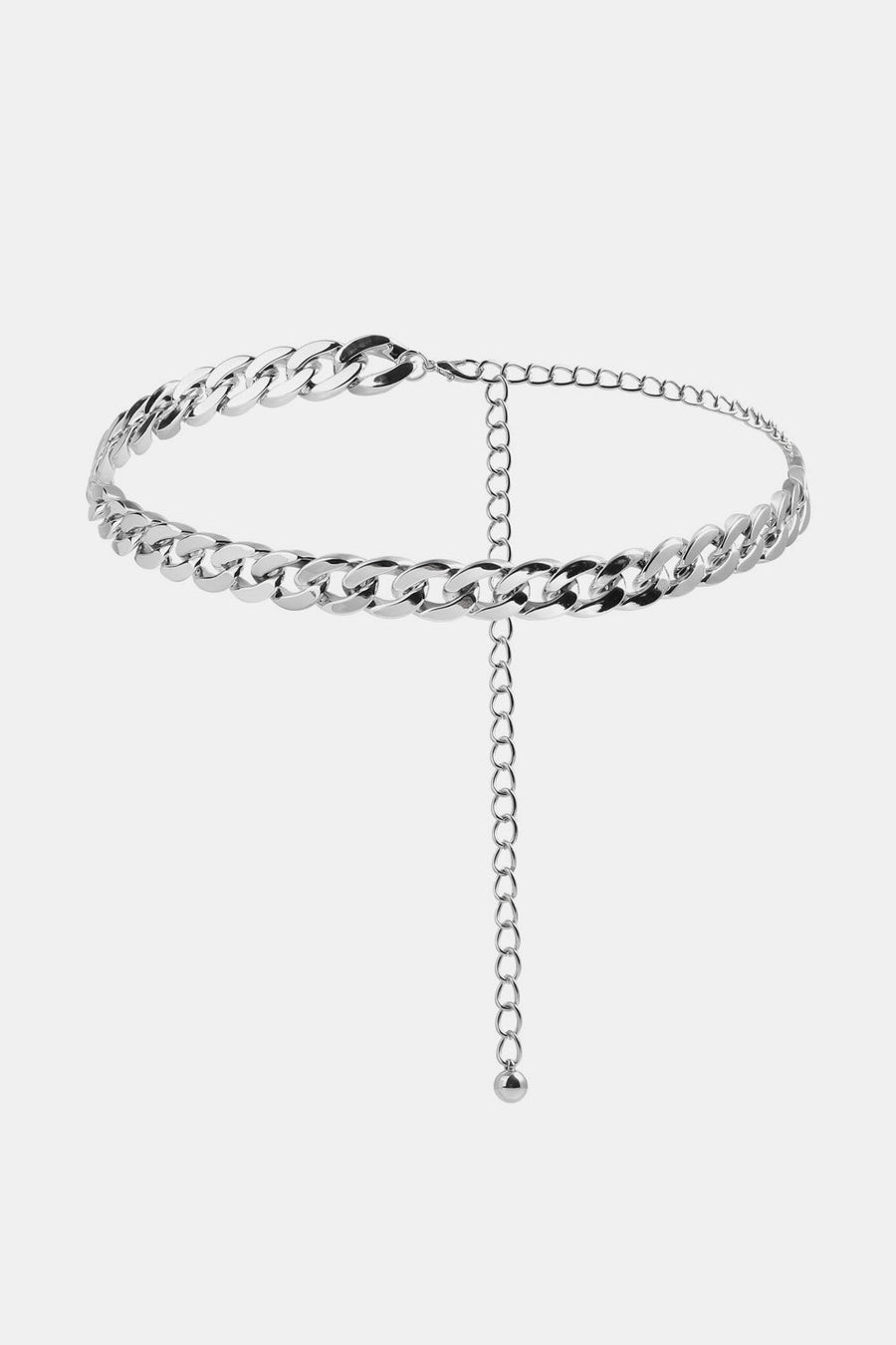 Silver chunky curb chain belt with adjustable extender and ball end.
