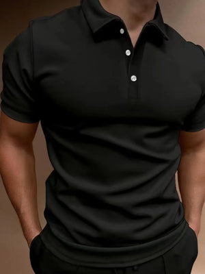 Black short sleeve polo shirt with button neck and sculpted athletic fit