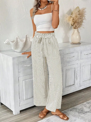 Striped paper bag maternity pants with tie waist in army green and white, wide leg