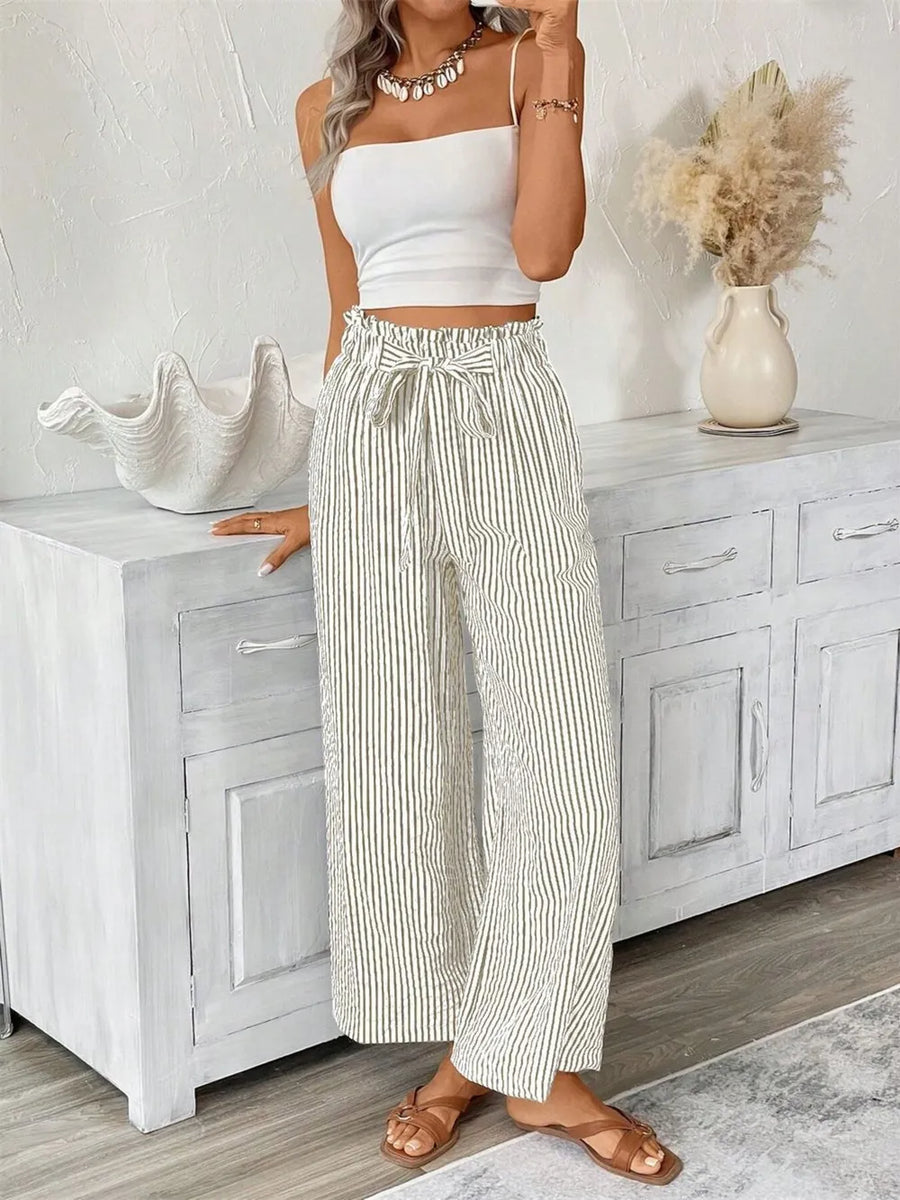 Striped paper bag maternity pants with tie waist in army green and white, wide leg