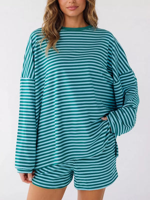 slate blue lounge set featuring two-piece and striped