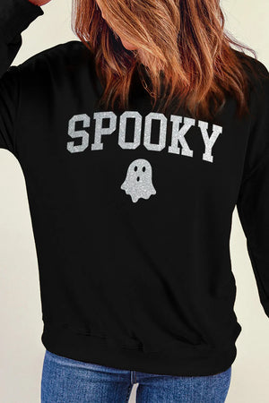 Black sweatshirt with glitter "Spooky" graphic and ghost detail