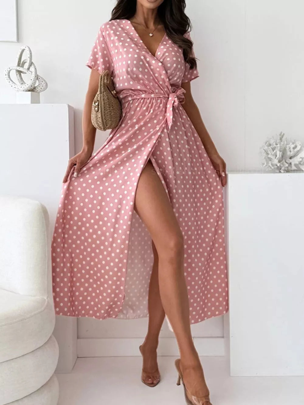 Polka Dot Surplice Maxi Dress With Slit in Dusty Pink, view 17