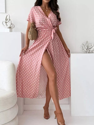 Polka Dot Surplice Maxi Dress With Slit in Dusty Pink, view 17
