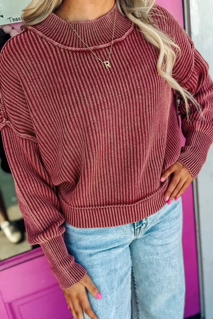 Drop Shoulder High Neck Ribbed Sweater option 5