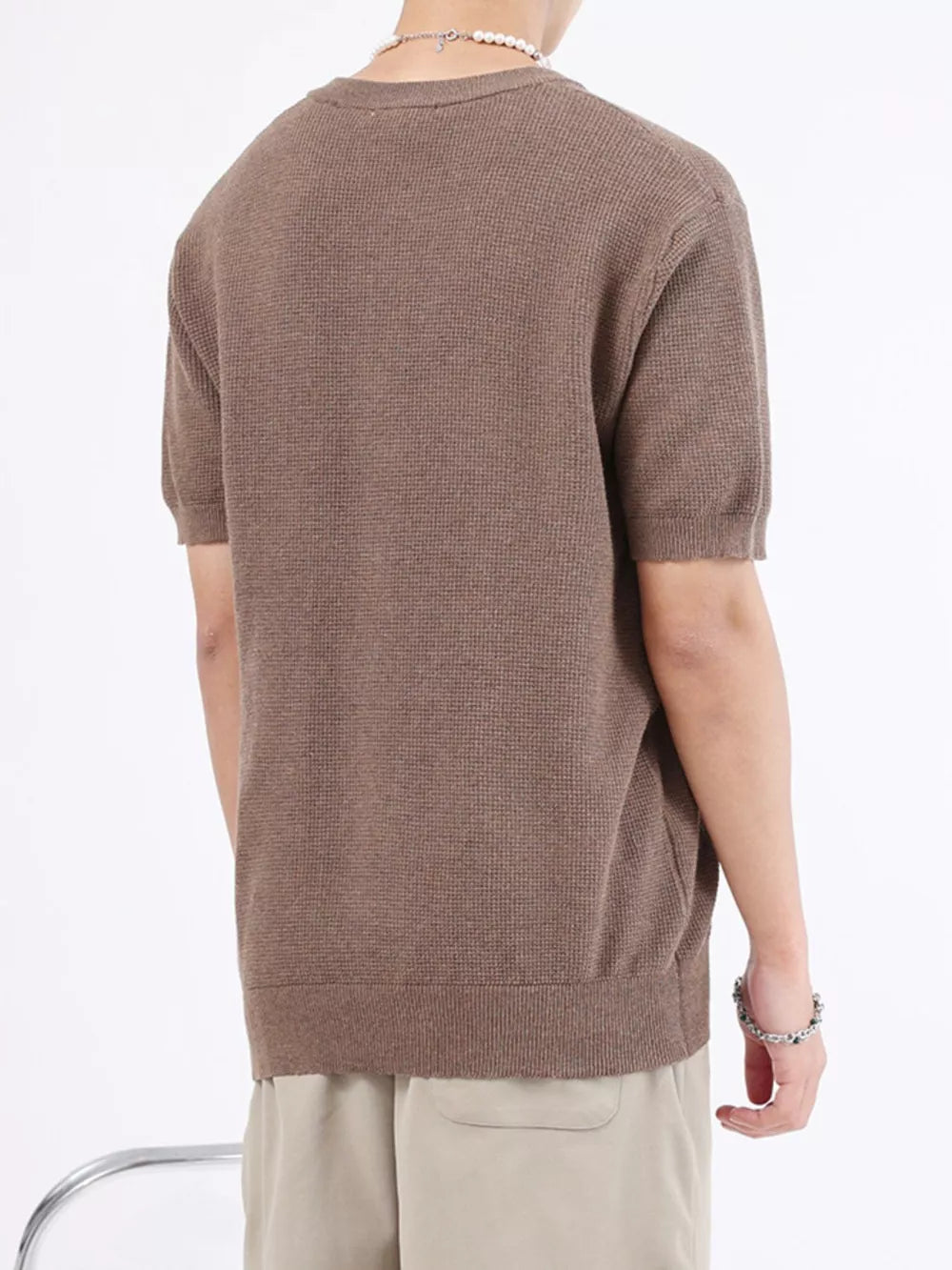 Men's taupe knit short sleeve henley t-shirt with waffle texture