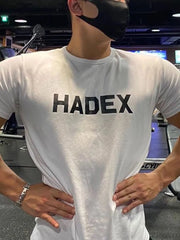 White crewneck t-shirt with bold black reversed graphic text