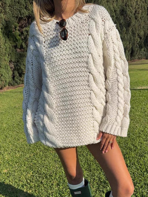 cream pullover sweater with cable knit and crew neck