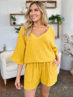 Gold textured cotton half sleeve top and drawstring shorts set