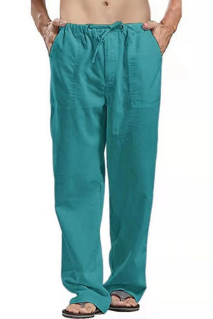 Men's turquoise linen drawstring trousers with pockets