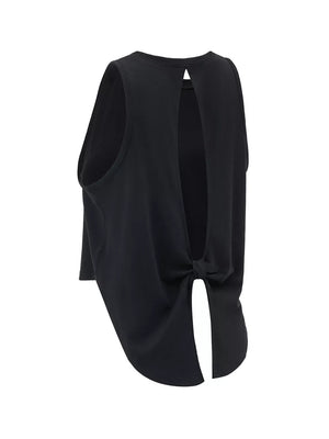 Black sleeveless knit tank top with open back and tie detail