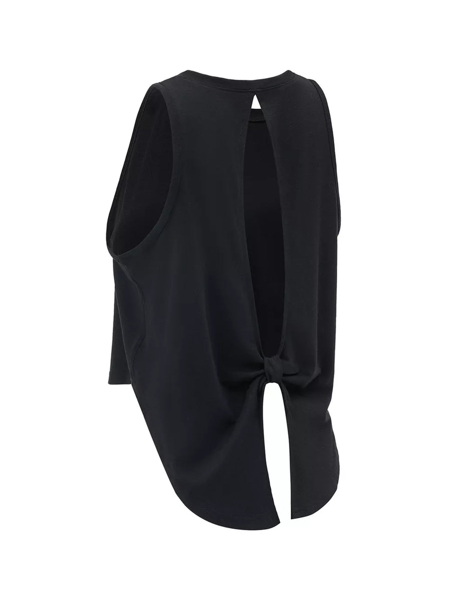 Black sleeveless knit tank top with open back and tie detail
