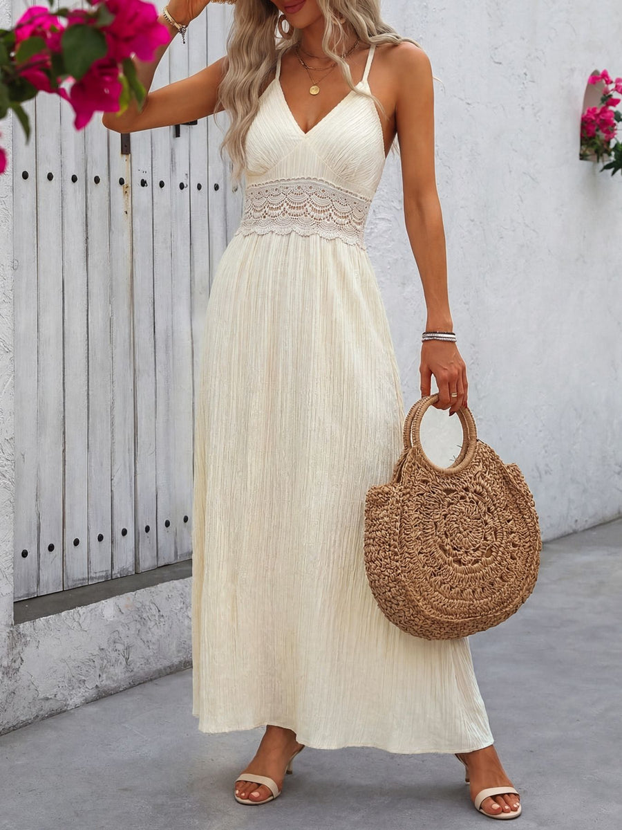 Apricot lace trim V-neck maxi dress with crinkled texture and spaghetti straps.