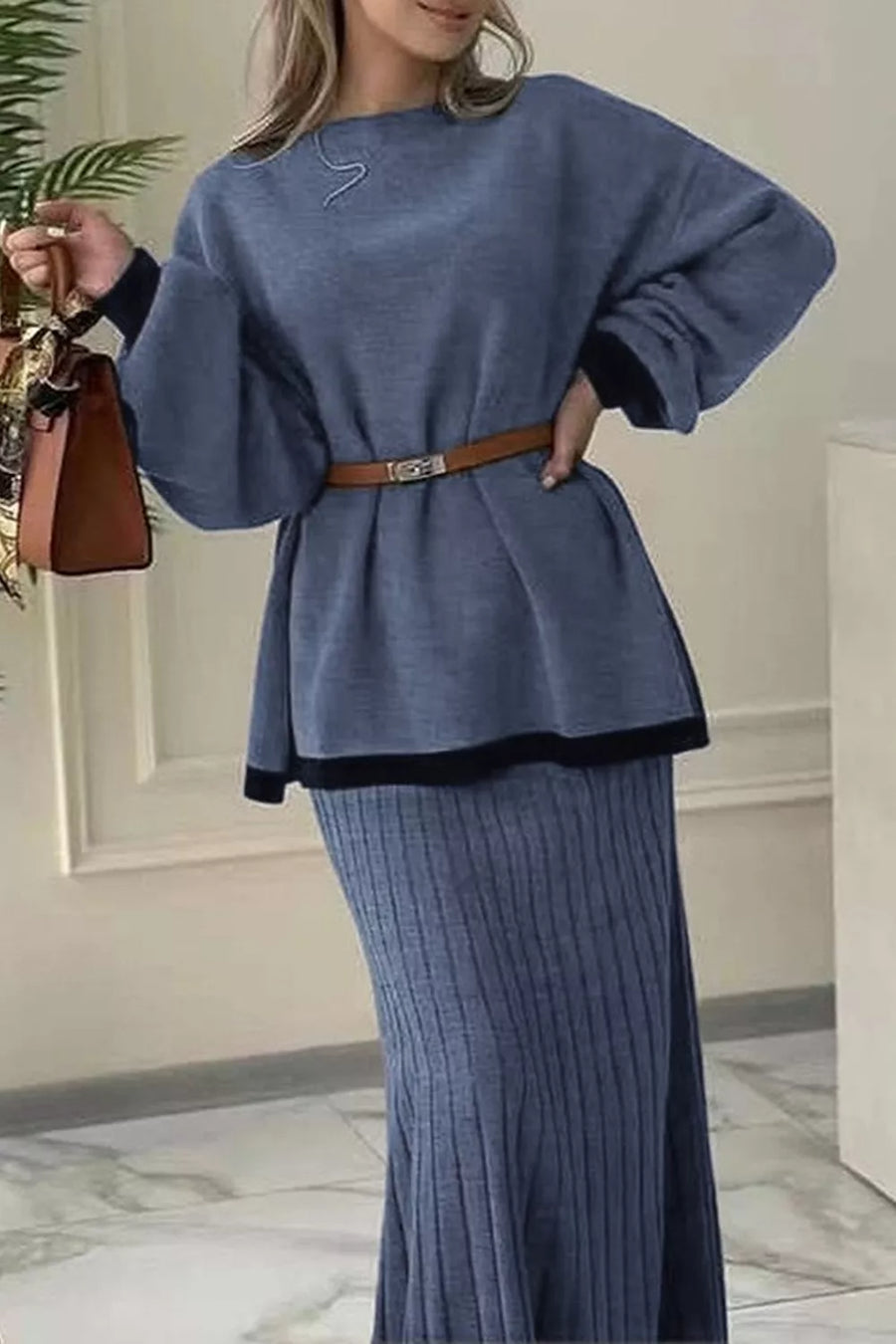 modern Sweater and Skirt Set in Dark Gray with crew neck