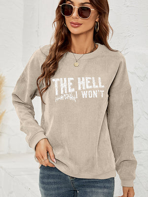 Sand corduroy graphic crewneck sweatshirt with white text and floral detail