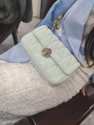 Mini quilted flap chain bag in light green with silver hardware and a crossbody strap.
