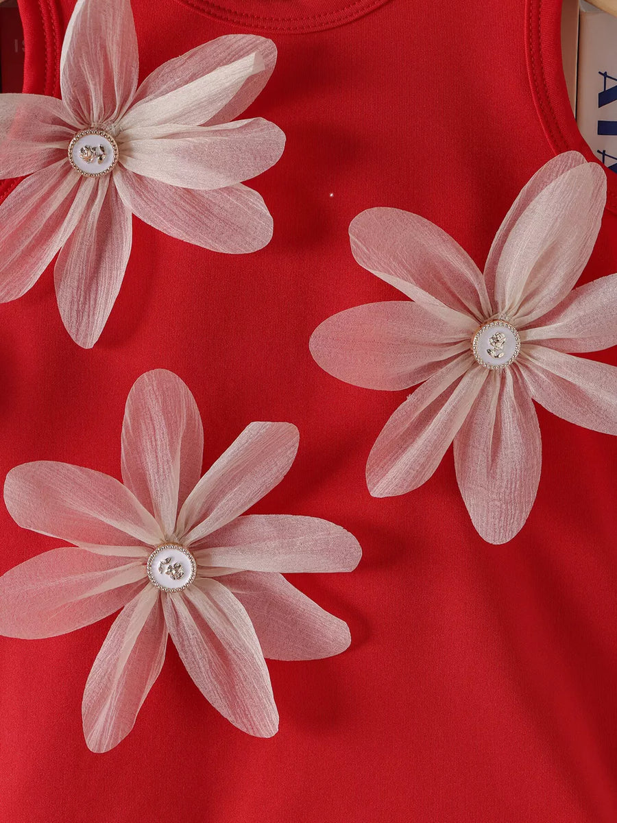 Red with Children's Flower Sleeveless Round Neck Dress