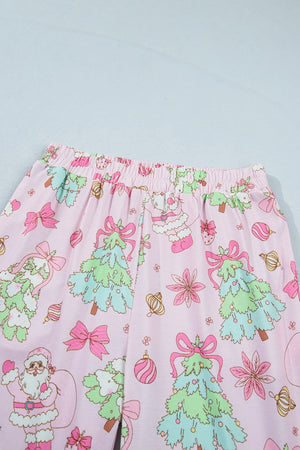 Christmas Print Button Front Long Sleeve Lounge Set in Blush Pink with pocketed