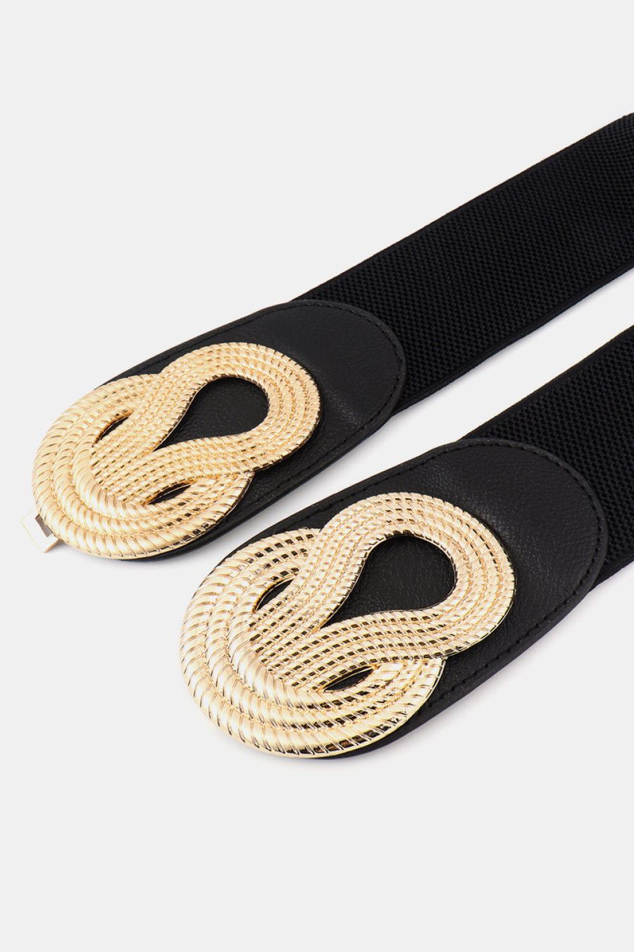 Black elastic belt with knotted gold buckle detail