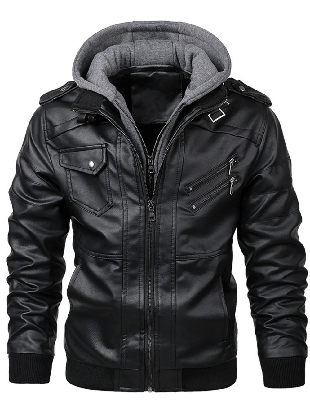 Brown Men's Full Size Hooded Faux Leather Motorcycle Jacket