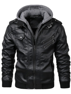 Brown Men's Full Size Hooded Faux Leather Motorcycle Jacket