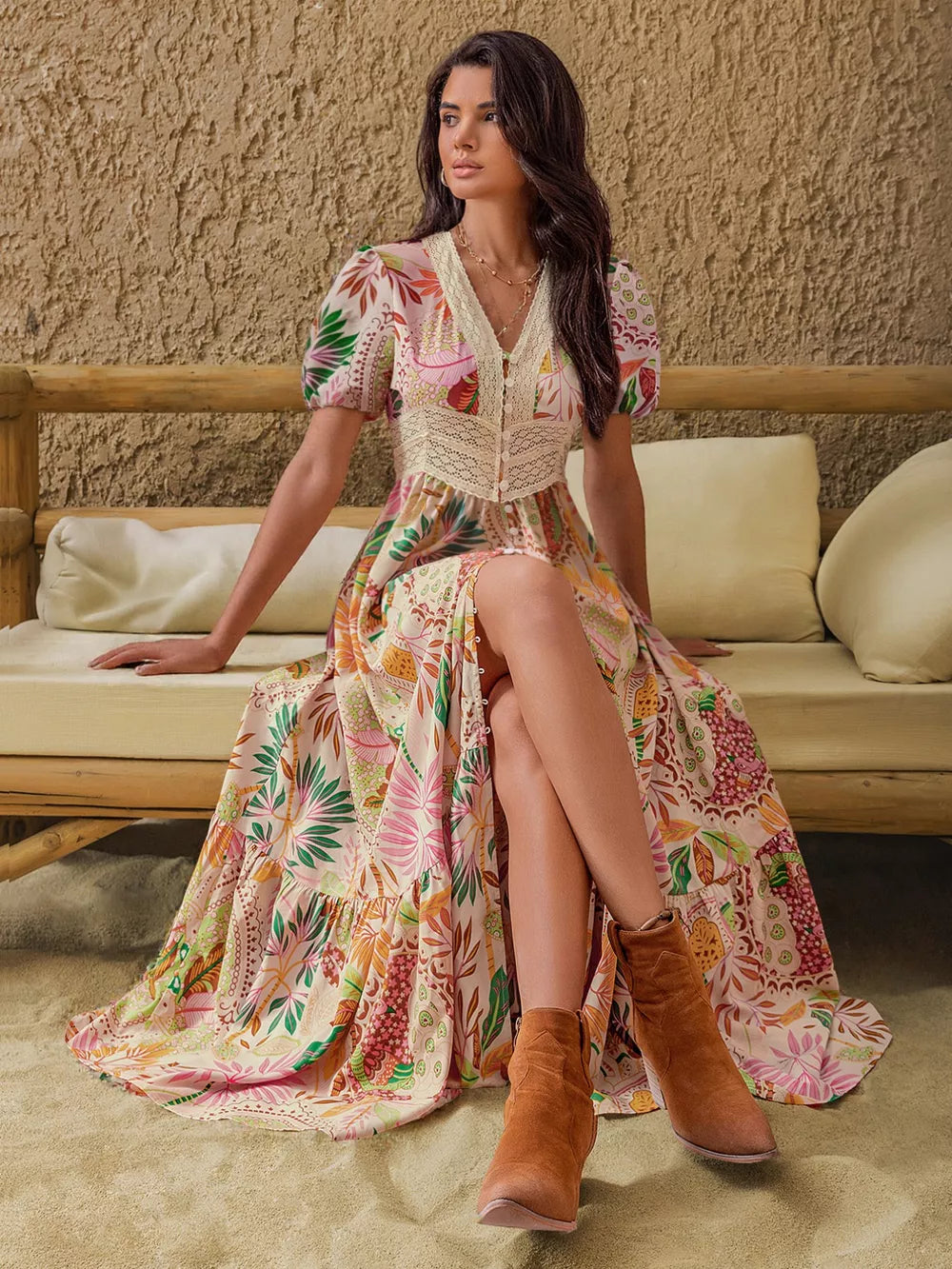 Tropical floral maxi dress with lace trim and button front, short sleeves, V-neck