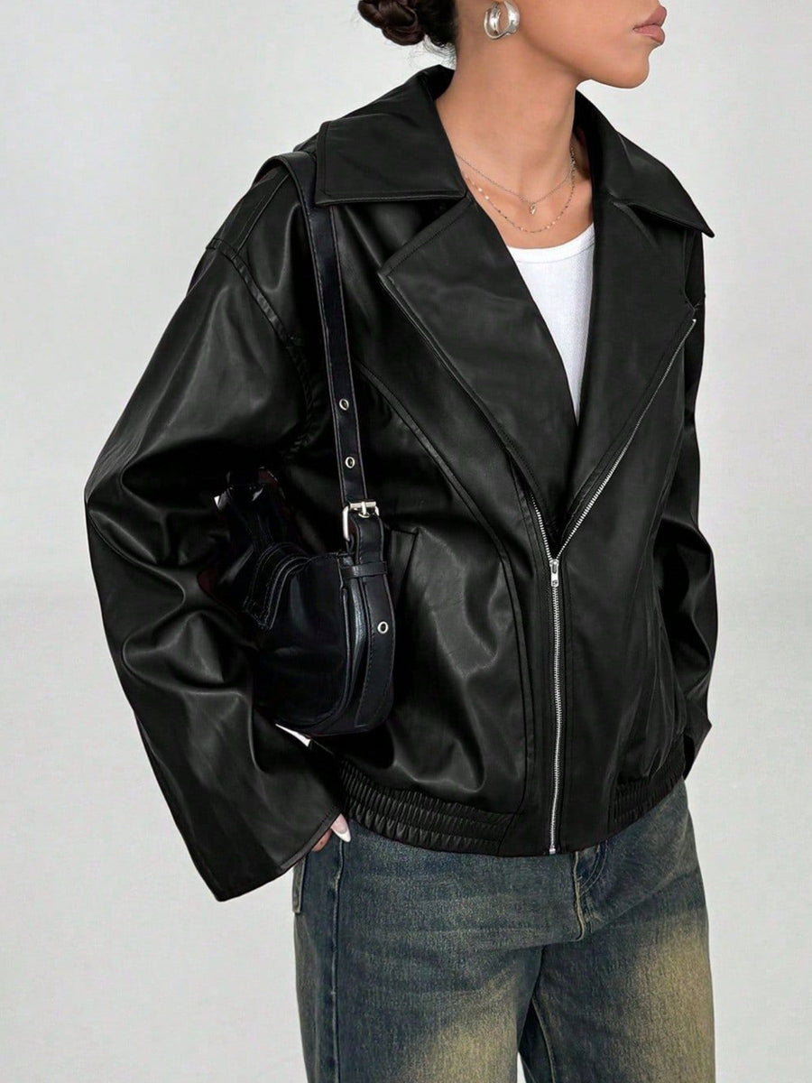 black moto jacket with hip-length and zip-front