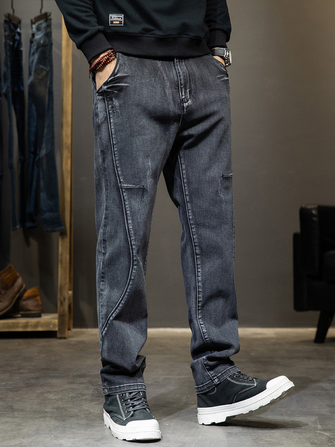 jeans in charcoal featuring pocketed and slim fit