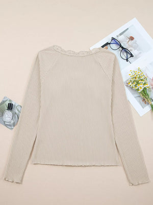 Beige ribbed long-sleeve top with lace neckline detail
