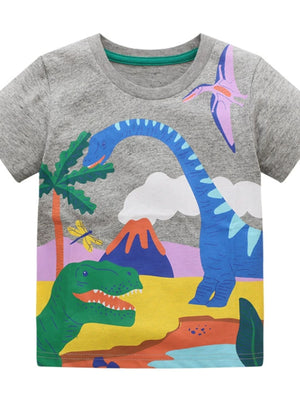 Toddler gray crew neck t-shirt with colorful dinosaur adventure graphic.