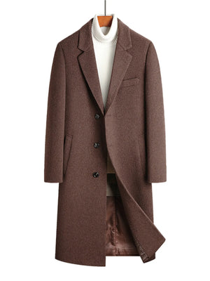 Men's brown longline wool overcoat with buttoned front and notched lapels.