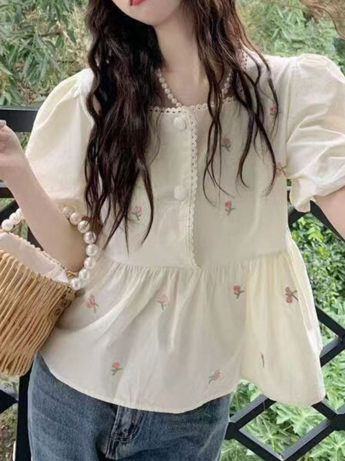cream blouse with floral and square neck