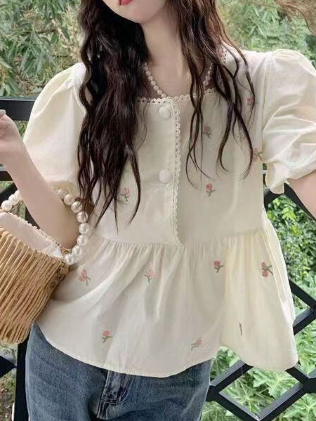 cream blouse with floral and square neck