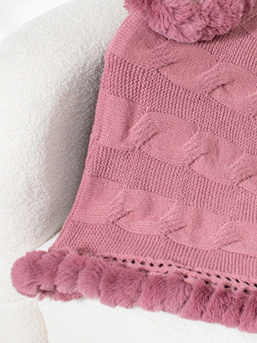 Dusty Pink cable knit poncho with faux fur trim and cable detail