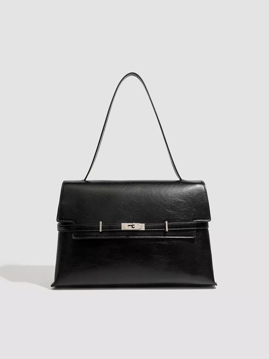 Black pu leather shoulder bag with silver buckle detail