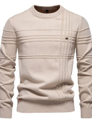 Textured panel crewneck knit sweater in Dust Storm with horizontal and vertical stitch details.